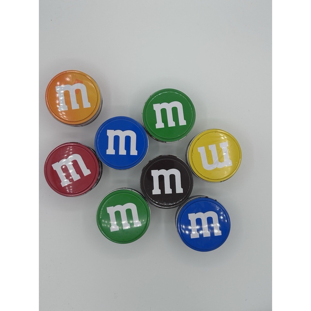 M&M's Collectible Advertising Tins Set of 8 Different Colors Metal 3 inch Round